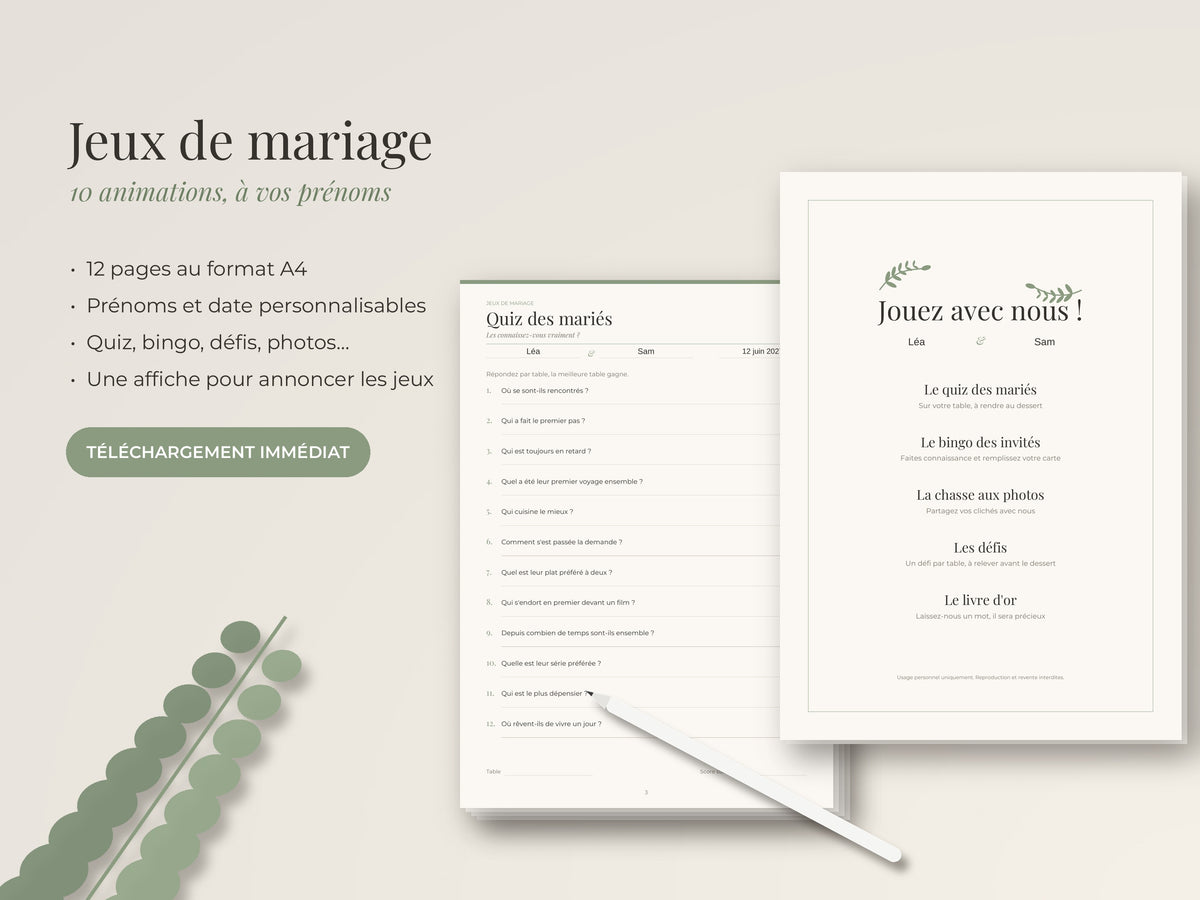 Jeux de mariage personnalisables à imprimer (PDF)