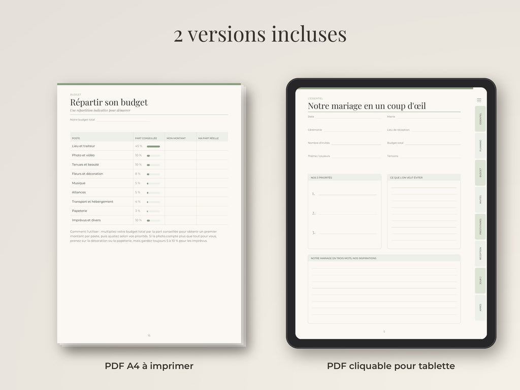 Planner de mariage à imprimer et sur tablette (PDF)