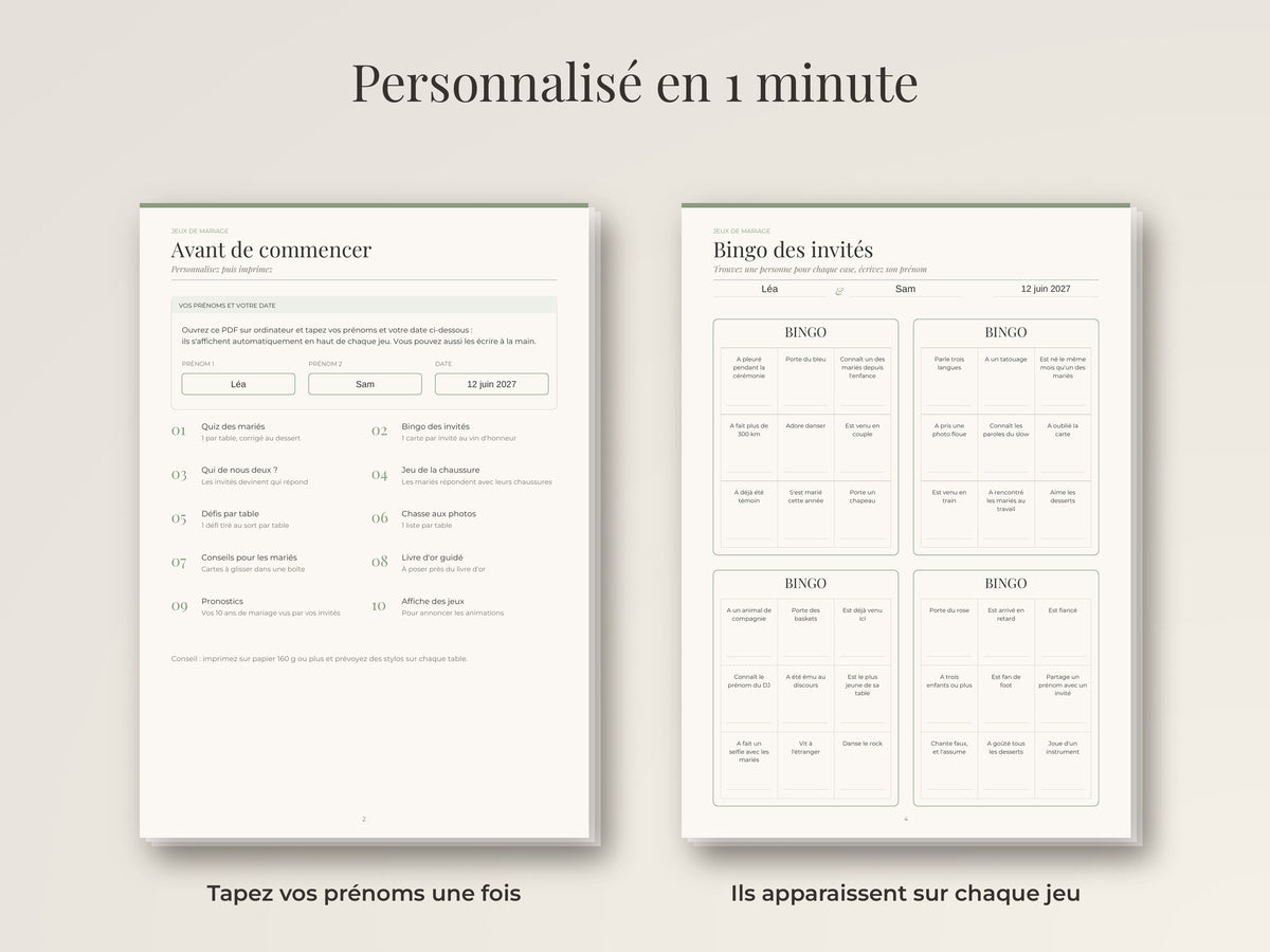 Jeux de mariage personnalisables à imprimer (PDF)