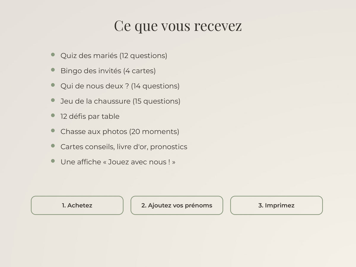 Jeux de mariage personnalisables à imprimer (PDF)