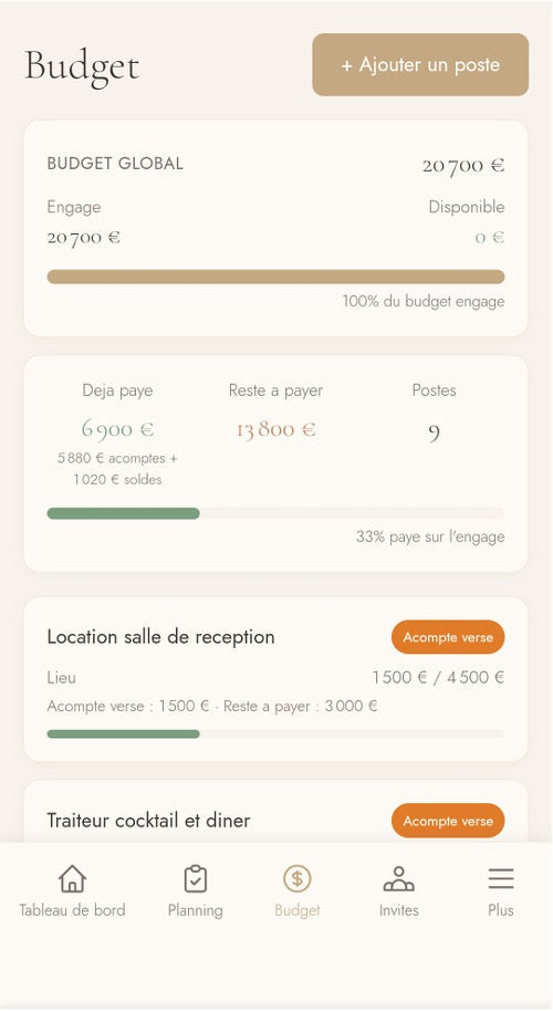 Nupty App - Budget detaille par categorie